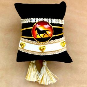 🐴 Horse Bangle Crystal Rhinestone Heart Woven Bracelet 3 piece Set